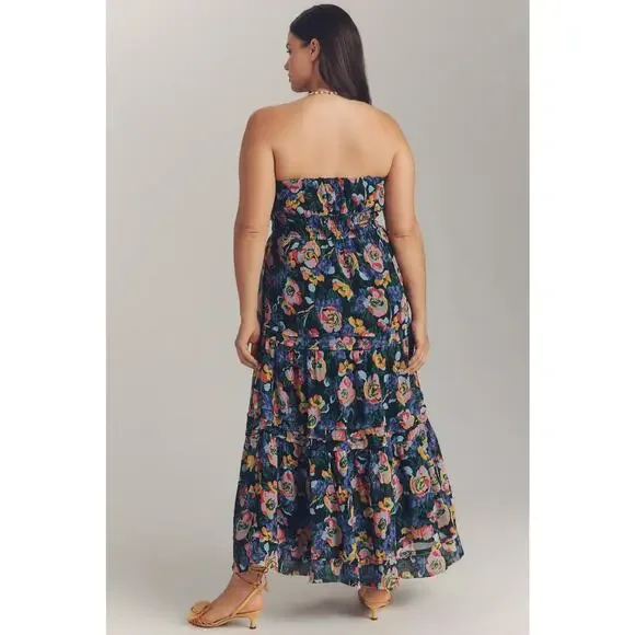 New Anthropologie The Somerset Strapless Maxi Dress $178 X-Large Blue Floral - Picture 6 of 8